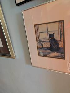 lot 2352 image: Black Cat by Window Framed Art Print