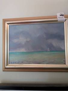 lot 2373 image: Stormy Seascape with Sailboat Oil Painting 5 by 7
