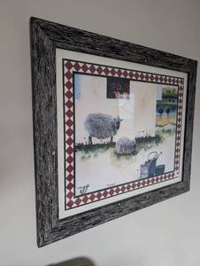 lot 2381 image: Framed Country Sheep Watercolor Print with Checkered Border