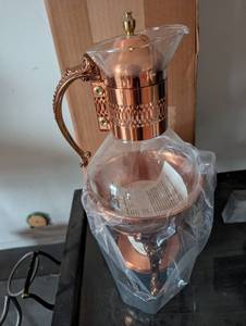 lot 2429 image: Copper and Glass Coffee Carafe with Ornate Handle