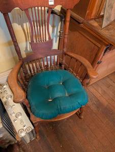 1970s Liberty Bell Leather Cover in an Antique Oak rocker built for a chamber pot