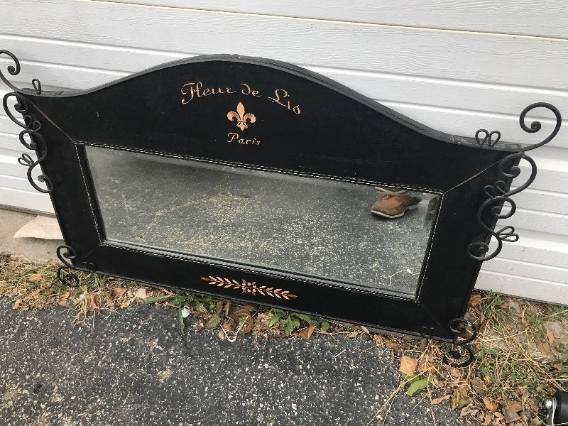 lot 9386 image: Very nice large beveled mirror framed in iron with leather surface and embroidery Decour as pictures