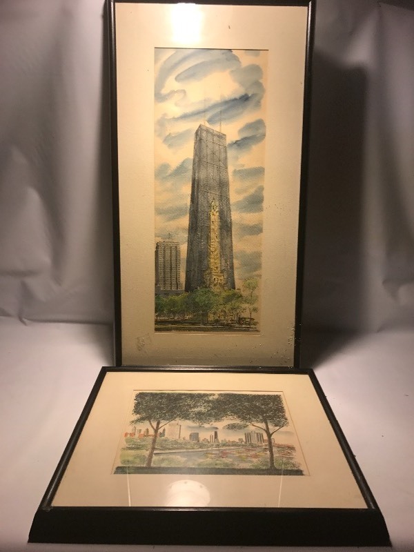 lot 9550 image: Unique pair of Chicago skyline watercolors
