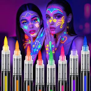 lot 25866 image: 8 Glow in the Dark Body Paint, UV Neon Face Paint, Face Painting Pens, Washable Tattoo Markers for Skin, Festival Essentials, Halloween Makeup Kit - Retail $11