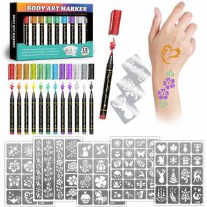 lot 25868 image: Temporary Tattoo Markers for Kids and Adults, 12 Metallic Markers and 155 Tattoo Stencil Designs, Cosmetic Tattoos Pens for Party Favor Gift and Face Painting - Retail $10