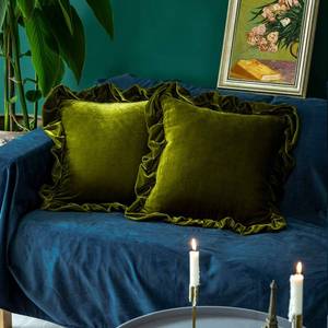lot 25873 image: Glory Season Velvet Throw Pillow Cover Soft Decorative Luxurious Solid Square Cushion Case for Sofa Couch Bedroom Farmhouse, Pack of 2, 18 x 18 Inches, Olive Green - Retail $22