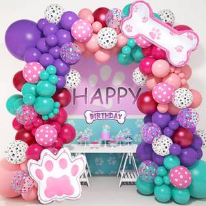 lot 25875 image: 147Pcs Paw Balloons Garland Arch Kit with Dog Paw Print Balloons Pink Purple Turquoise Confetti Balloon for Girls Puppy Themed Birthday Baby Shower Party Decorations - Retail $12