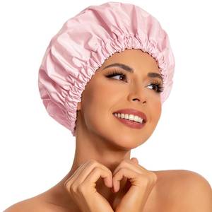 lot 25877 image: Reusable Shower Cap for Women, Large Waterproof Shower Bonnet Washable Elastic Band Bath Hair Hat for Long Hair, Braids(Pink) - Retail $7