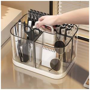 lot 25882 image: Pen Holder with Handle and Base, Stackable Transparent Desk Caddy 4 Compartments, Plastic Cosmetics Storage Organizer, for Art Supplies, Crafts, Colored Pencils, Stationery, Markers (White) - Retail $17