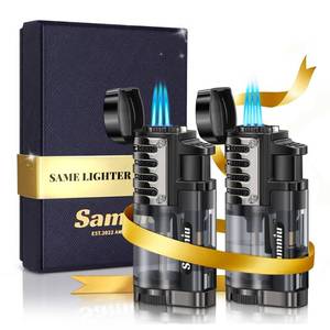 lot 25911 image: 2 Pack of Torch Lighter, Triple Jet Flames, Visible Gas Tank, Butane Gas Refillable, Windproof Pocket Lighters for Candle, Mens Gift (Gas not Included) - Retail $16