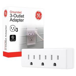 lot 25923 image: GE 3-Outlet Extender Wall Tap, Grounded Adapter Plug, Indoor Rated, 3-Prong, Perfect for Travel, UL Listed, White, 52203 - Retail $6