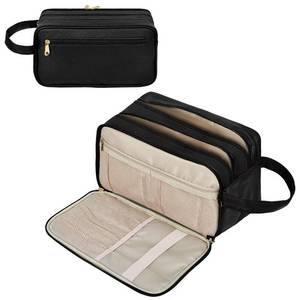 lot 25948 image: Waterproof Hanging Toiletry Bag  Large Capacity PU Leather Travel Organizer with WetDry Compartments  Foldable Storage Bags Cosmetic & Shaving Kit for Women Men (Black) - Retail $8