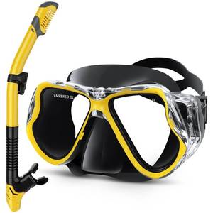 lot 25980 image: Dry Snorkel Set, Panoramic Wide View Anti-Fog Scuba Diving Mask, Professional Snorkeling Gear for Adults Kids - Retail $36