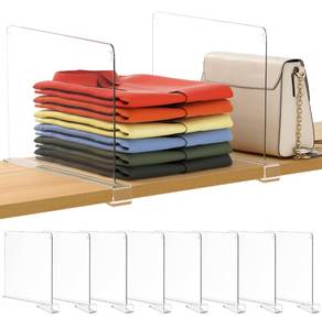 lot 25991 image: 8 Pack 12 Inches Extra Tall Version Clear Shelf Dividers for Organization, Acrylic Closet Shelf Vertical Shelves Organizer for Bedroom, Kitchen and Office - Retail $38