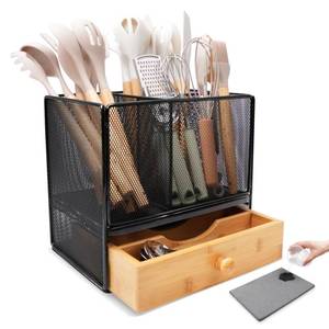 lot 25994 image: Kitchen Utensil Holder with Drawer, 2-In-1 Large Utensil Holder & Silverware Holder for Counter & Countertop, Kitchen Utensils Organizer for Cookware and Flatware, With Quick Dry Diatomite Pad. CORNER DAMAGE SEE PHOTOS. - Retail $37