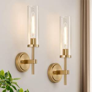 lot 26005 image: Wall Sconces Set of Two, Brushed Gold Bathroom Sconces with Clear Glass, Hardwired Sconces Wall Decor Set of 2, Modern Wall Light Fixtures for Bathroom Mirror Living Room Bedroom Hallway - Retail $79