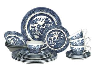 lot 26009 image: Churchill Blue Willow Plates Bowls Cups 20 Piece Dinnerware Set, Made In England - Retail $180