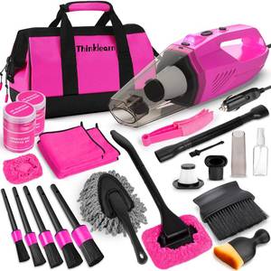 lot 26013 image: Car Cleaning Kit, Car Vacuum Detailing Kit Interior with High Power Handheld Vacuum, Including 7Pcs Detailing Brush Set, Windshield Cleaner, Pink Car Accessories for Women - Retail $40