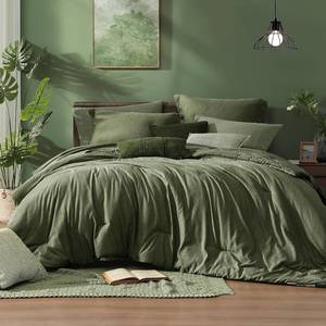 lot 26016 image: California King Comforter Set - 7 Pieces Cationic Dyeing Olive Green Bed in a Bag Cal King Bedding Sets with Comforter, Sheets, Pillowcases & Shams, Reversible Bedding Comforters Sets - Retail $90