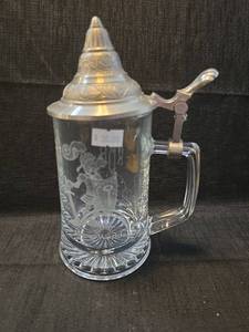 lot 1137 image: Disney Glass Beer Stein with Pewter Lid