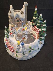 lot 2029 image: Partylite Light-Up Christmas Village with Snowmen and Candy Cane Path missing roof