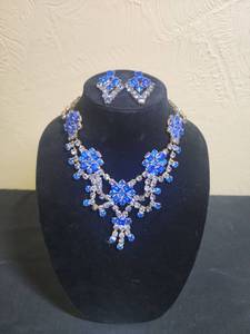 Vintage Bijoux M.G. Cobalt Blue and Lavender Crystal Rhinestone Jewelry Set from the 50s-60s - Necklace and Pierced Earring Set (was valued at $100-$150 back in 2018 per collectors note)