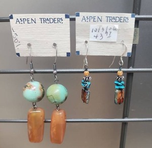Two pairs of Pierced Earrings from Aspen Traders Boutique $$ - Southwestern style with stones (the pair on the right is possibly real turquoise, no guarantee)