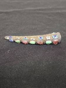 Vintage 1940s Chinese Finger Nail Guard Brooch - with Coral and Jade Cabochons - suspected to be sterling silver filigree and also decorated with enamel insets. $$ online resale between $100 - $300 on these!