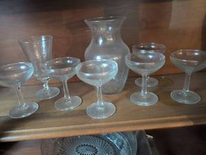 lot 1580 image: Frosted Glass Champagne Coupe Set with Carafe