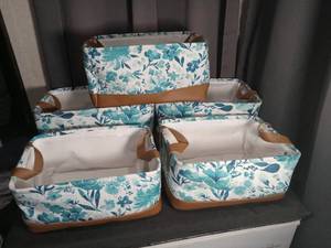 lot 2843 image: Floral Canvas Storage Bins with Leather Handles
