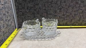 lot 1040 image: Cut Glass Cr�me and Sugar Cups - 3 piece Set. (Manganese Glow)