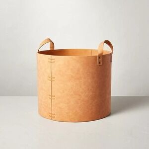 lot 22 image: Beautiful Quality Large Faux Leather Storage Bin Camel Brown - Hearth & Hand Magnolia 16 x 16