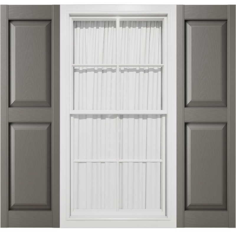lot 105 image: 14 34W x 63H Mid-America Vinyl, Standard Size Williamsburg Double Panel Shutters, wInstallation Shutter-Loks & Matching Screws (Per Pair), 018 - Tuxedo Grey