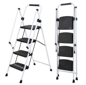 lot 73 image: White Four-step Ladder, Light Folding Four-step Stool, Wide Anti-skid Pedal and Safety Rail Retails $95
