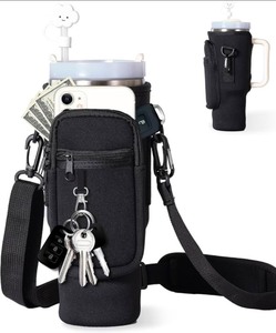 lot 5113033 image: Water Bottle Carrier Bag with Phone Pocket for Stanley 40 oz Tumbler Water Bottle Holder Pouch with Adjustable Strap with Straw Cover & Carabiner for Stanley Cup Accessories (Black) - Retail $9