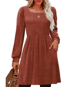 lot 5113088 image: SHINE UP Dresses for Women Fall Square Neck Long Sleeve Knee Length Dress with Pockets - Size Medium - Retail $11