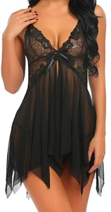 lot 5113127 image: Lingerie for Women Sexy V-neck Lace Mesh Chemise Sleepwear Sexy Open Back Lingerie Black S - Retail $10