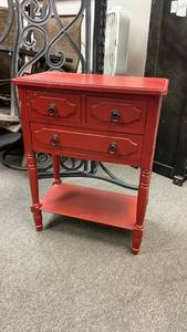 lot 103 image: Red wood 3 drawer side table 30 x 24 x 14 in