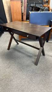 lot 114 image: Brown single drawer desk 30 x 42 x 22 in