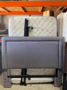 lot 126 image: Full size mattress, boxspring, rails and upholstered headboard