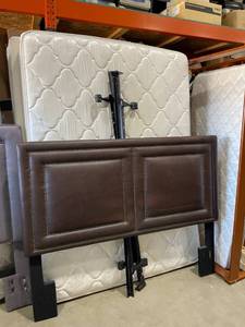 lot 127 image: Queen size mattress, boxsprings, rails and nailhead trim headboard