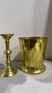 lot 1018 image: Brass Candlesticks and Waste Bucket 11 inch Tall