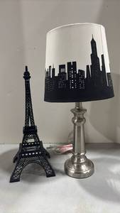 lot 1024 image: Table Lamp 19 inches tall with Cityscape Shade and Eiffel Tower