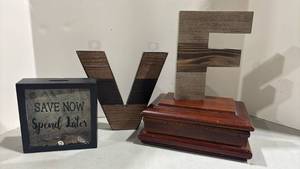 lot 1026 image: Decorative Wooden Jewelry Box and Money Bank and Wood 8 inch letters