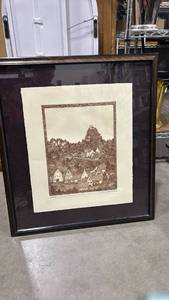 lot 1036 image: Framed European Village Landscape Etching 27x2 ft