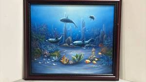 lot 1043 image: Underwater Dolphin Family Oil Painting 2ft x 28 inches