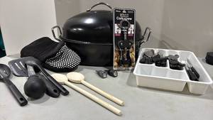 lot 1045 image: Roaster, Silverware, Utensils and Oven Mitt