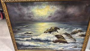 lot 1070 image: Framed canvas wall decor signed and dated some small tears 26x34.5