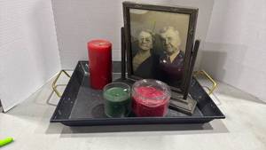 lot 1072 image: Metal serving tray, candles and pictures frame