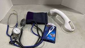 lot 1075 image: Blood pressure cuff, grab bar and thermometer